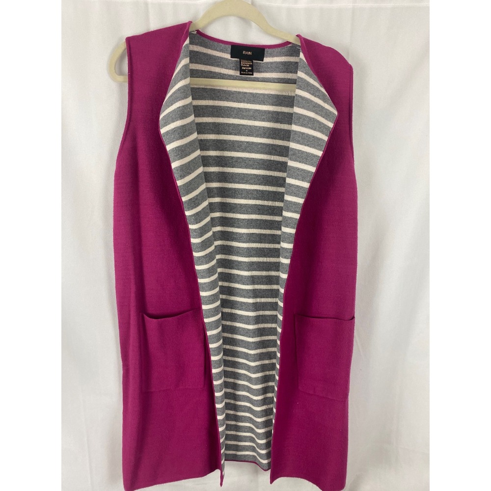 RAIN Magenta Pink Striped Knit Long Vest Cardigan Open Front Pockets  M